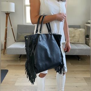 Barneys New York Black Leather Fringe Tote